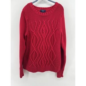 Lands End Womens Drifter Sweater Red Cable Knit Pullover Sz L Transitional